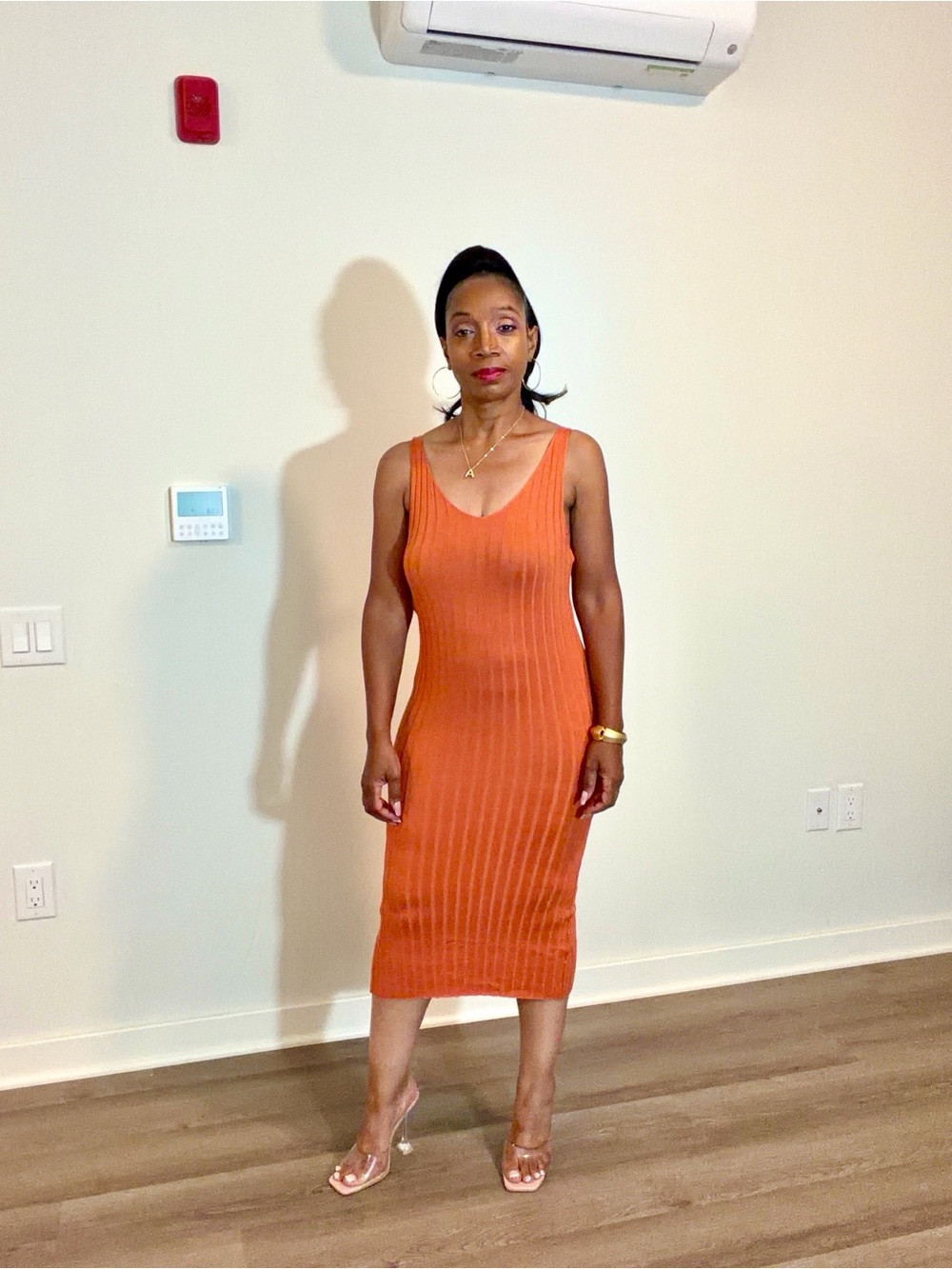Sleeveless Ribbed Midi Dress in Burnt Orange